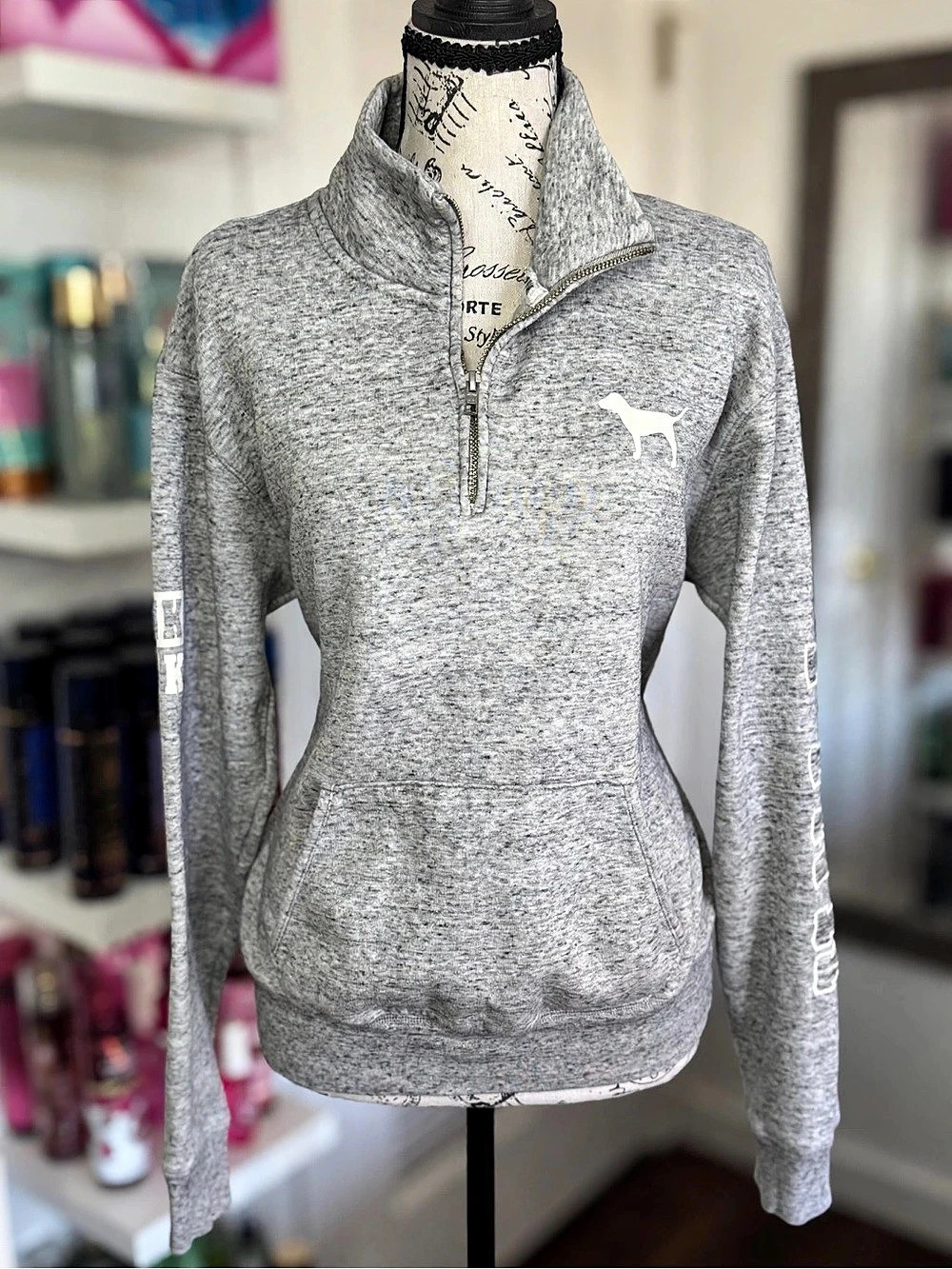 Victoria’s Secret PINK Quarter Zip S Gray White Dog Logo Y2K Sweatshirt